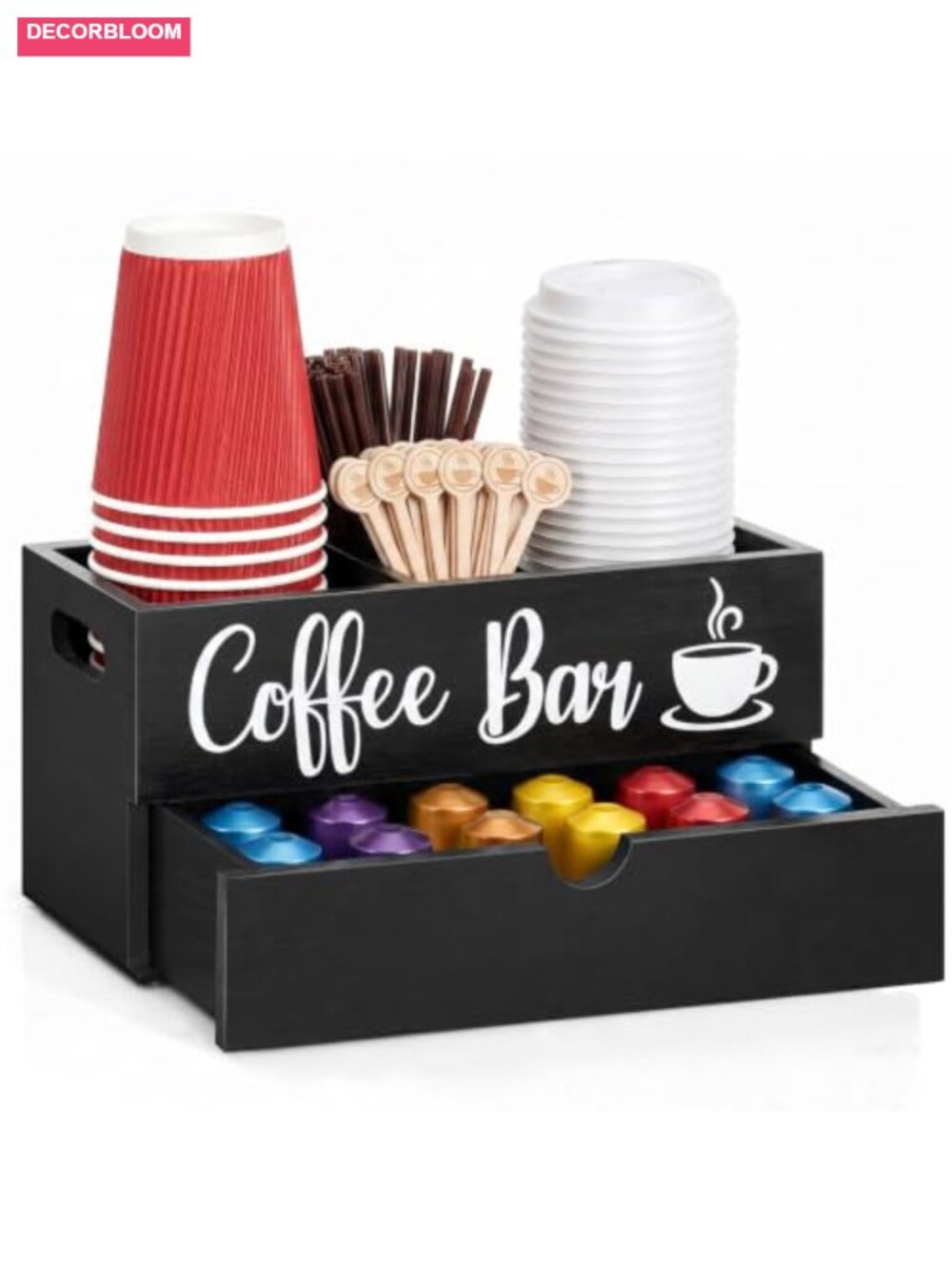 Farmhouse Coffee Station Organizer with Drawer | Wood Coffee Bar Holder for - Picture 1 of 6